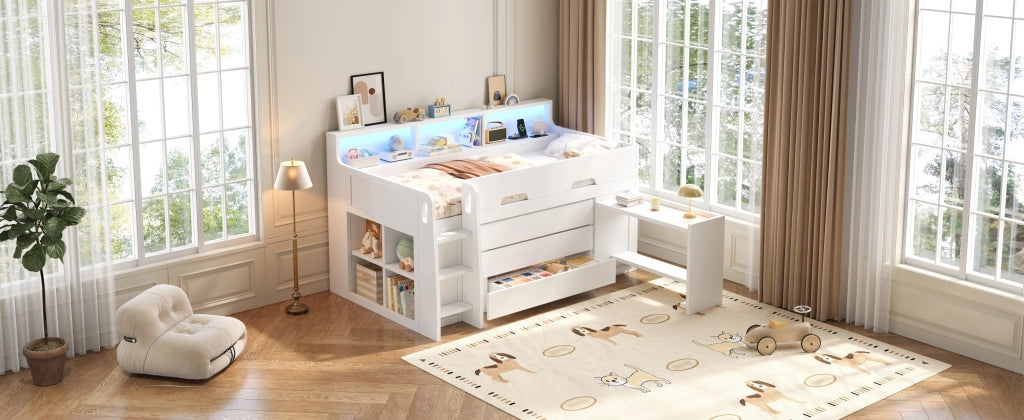 DESMIU Letto a soppalco bambino 90 × 200 cm con 3 cassetti, scrivania mobile, ripiani e LED, senza materasso, bianco