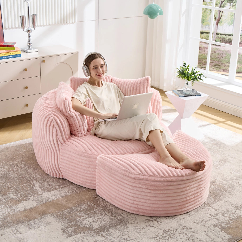 Poltrona relax rotonda con poggiapiedi e 5 cuscini in ciniglia rosa 168 × 123 × 63 cm