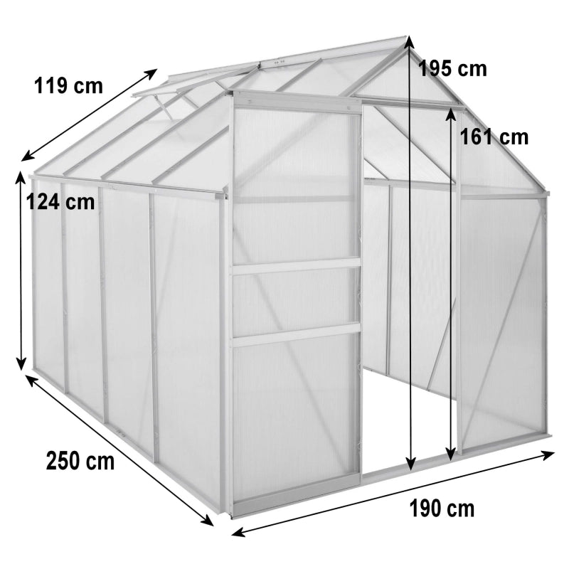 Serra "Obelix" struttura in alluminio e policarbonato alveolare da 6mm. Base inclusa. Dimensioni 250 x 190 cm