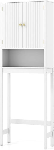 Mobile Bagno Sopra WC, Scaffale per Lavatrice Salvaspazio con 2 Ante, Mensola Aperta e Ripiano Regolabile, Armadietto Sopra Gabinetto in Legno, 60 x 23 x 168 cm (Bianco)