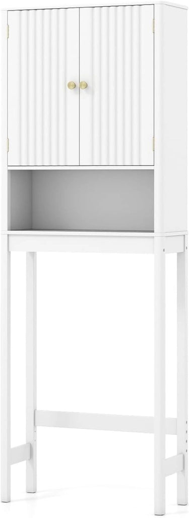 Mobile Bagno Sopra WC, Scaffale per Lavatrice Salvaspazio con 2 Ante, Mensola Aperta e Ripiano Regolabile, Armadietto Sopra Gabinetto in Legno, 60 x 23 x 168 cm (Bianco)