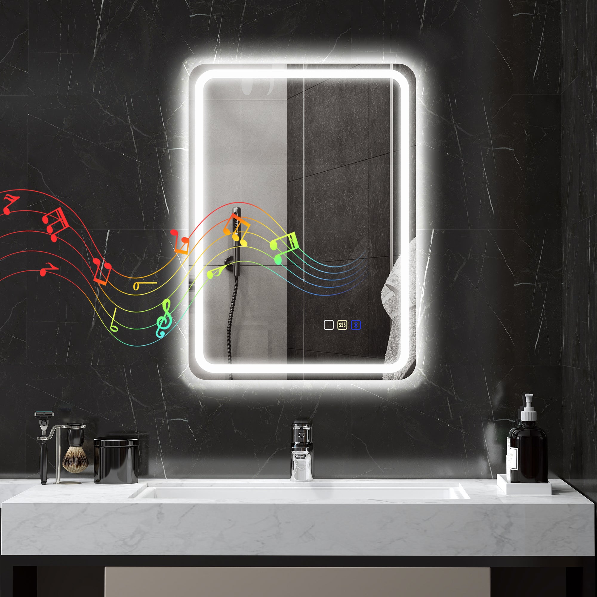 Specchio Bagno 70x50x3,5 cm LED con Bluetooth Illuminazione Regolabile e Funzione Memory in Vetro Temperato