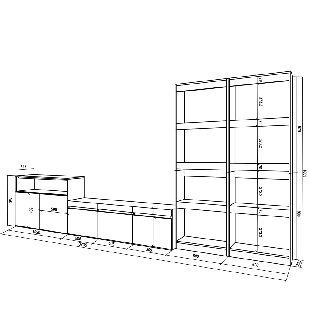 Mobile TV, Soggiorno, 370x35x186cm, Per TV fino a 65", Set di mobili, colore Rovere e nero RF3182