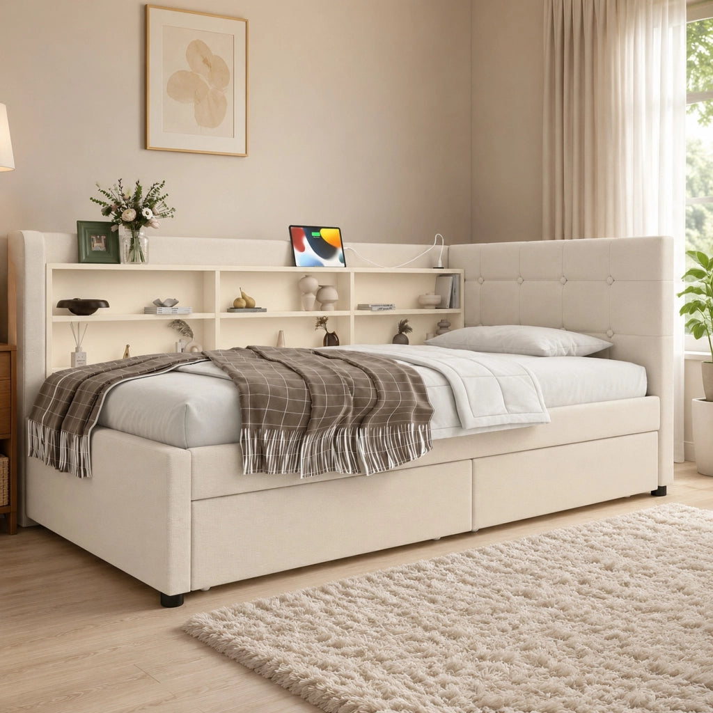Letto daybed 90x200 cm in lino beige con 2 cassetti e porte USB