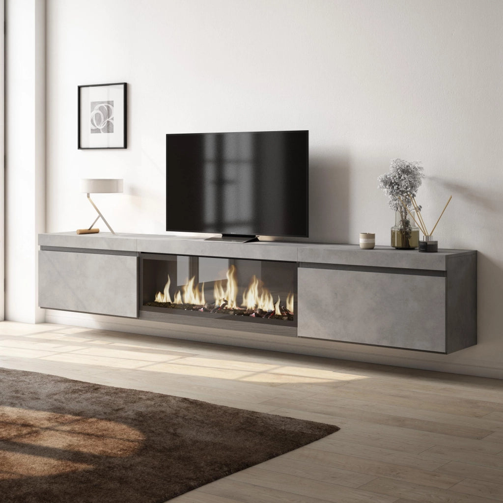 Mobile TV Soggiorno, 267x35x45cm, TV di grande formato, Camino elettrico XXL, da appendere, grigio cemento RF3606