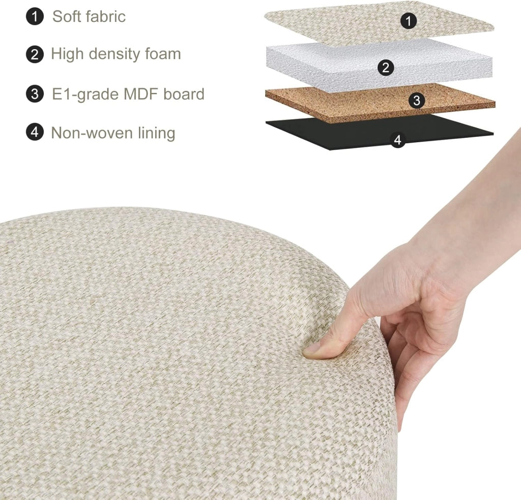 Pouf Contenitore con Coperchio, Pouf Poggiapiedi in Lino Grosso, Sgabello Tondo Salvaspazio con Gambe in Legno di Pino per Soggiorno, Corriodio, Camera, Ø 39x33 cm, Beige