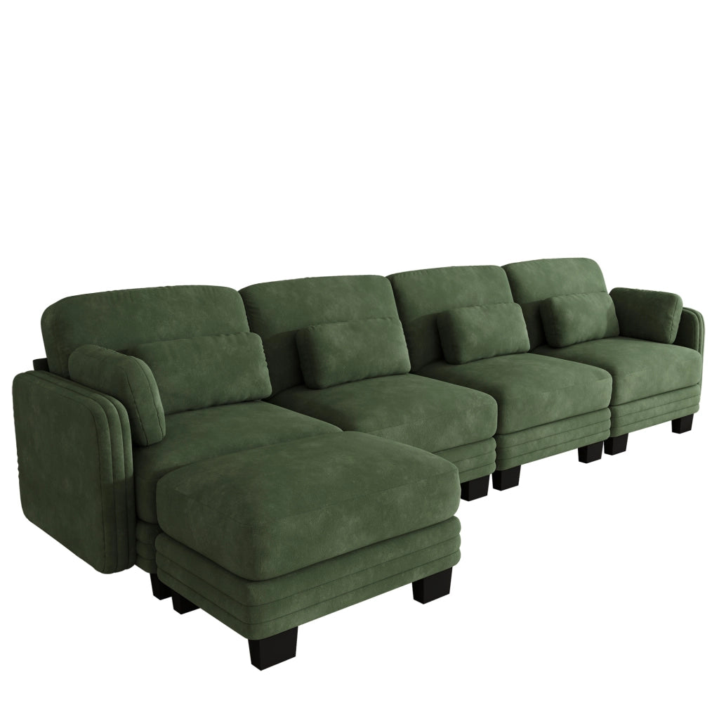 Divano modulare in ciniglia verde con pouf separato e cuscini lombari e bracciolo