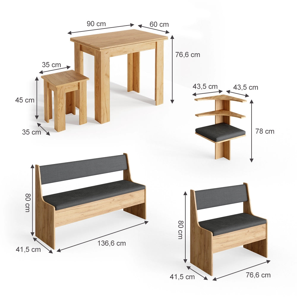 Vicco Gruppo panca ad angolo Quercia dorata 136.6 x 60 cm con tavolo