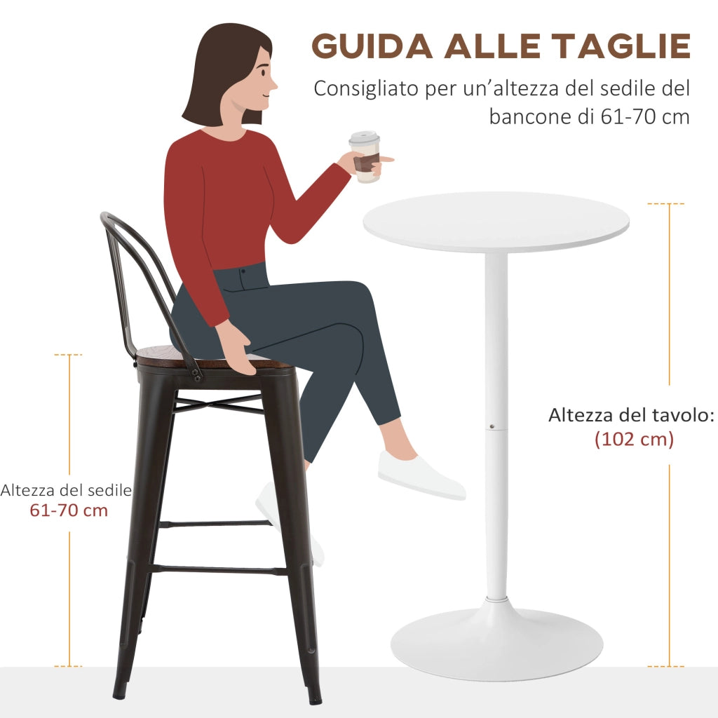 Tavolo da Cucina Alto Bar Ø60x102 cm per 2 Persone in MDF e Metallo Bianco