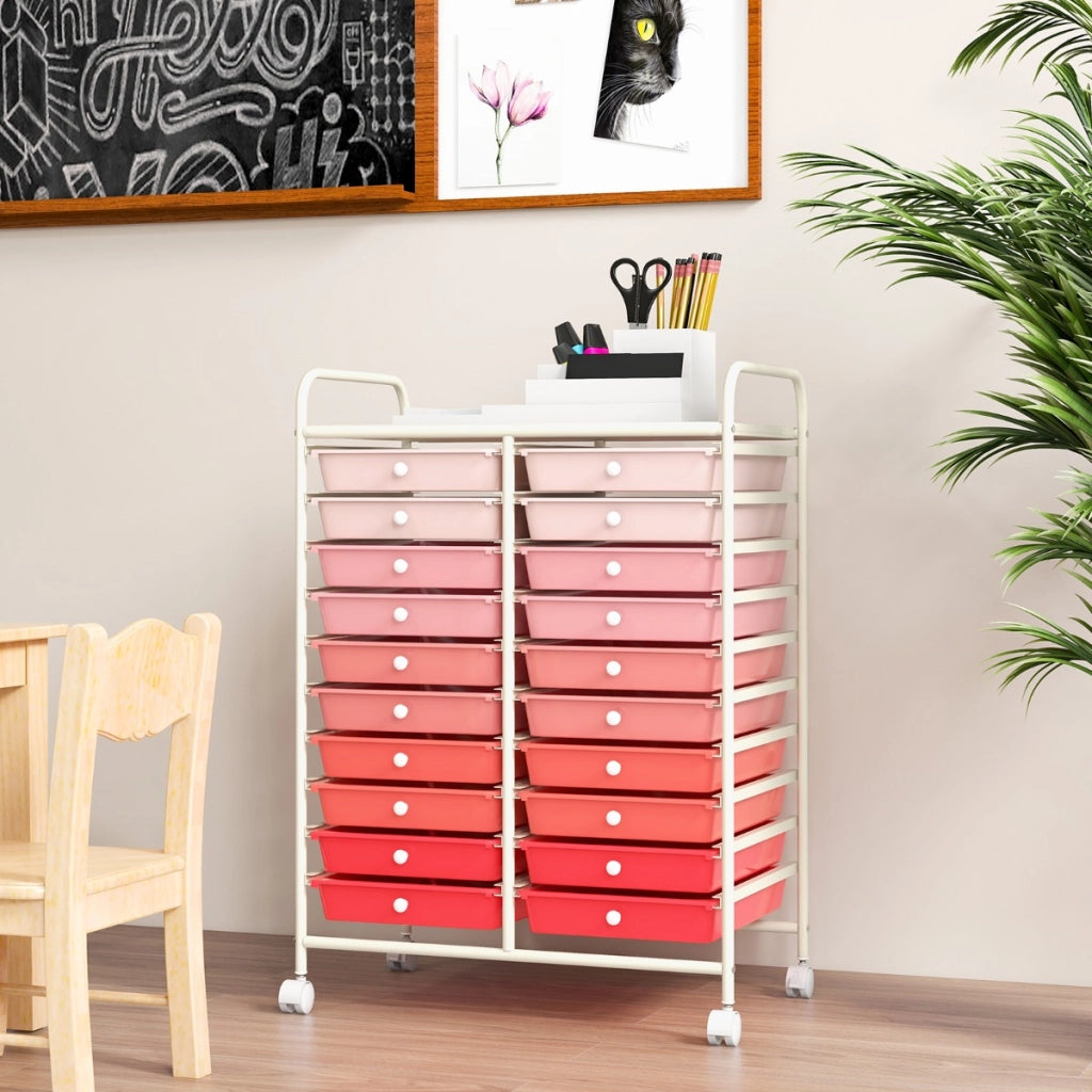 Carrello cassettiera multiuso e leggero con 20 cassetti, Contenitore con ruote per ufficio e casa Rosa