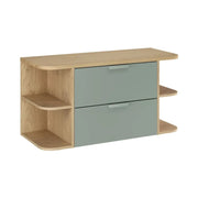 Insieme OSTER 100cm: mobili sotto lavabo con cassetti verde salvia e nicchie visibili + piano per lavabo in aspetto rovere chiaro
