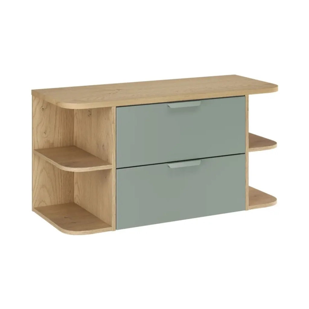 Insieme OSTER 100cm: mobili sotto lavabo con cassetti verde salvia e nicchie visibili + piano per lavabo in aspetto rovere chiaro