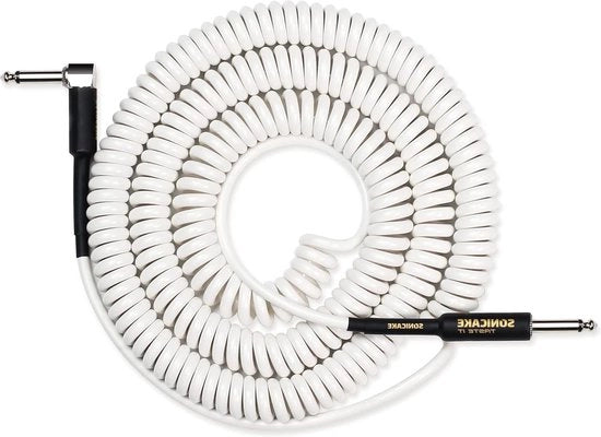 Cavo per chitarra 10 m - 6,3 mm cavo a spirale per chitarra basso - Bianco con connettore a 45°