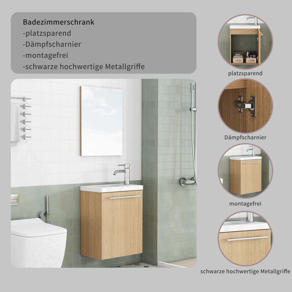 Mobiletto da bagno a parete con lavabo in ceramica e specchio, maniglie in metallo, cerniere con chiusura ammortizzata, completamente preassemblato,