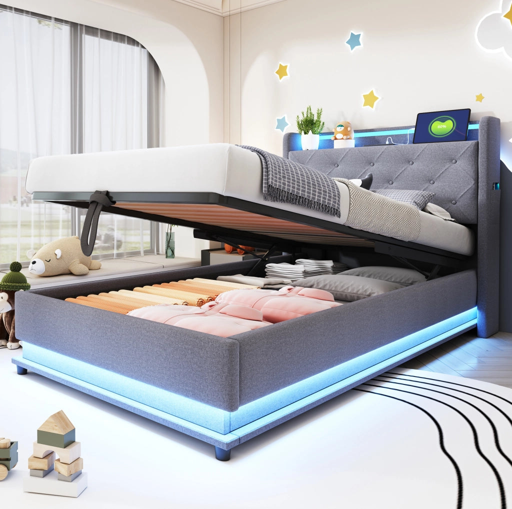 Letto imbottito 90x200 cm con LED e USB; contenitore idraulico; tessuto in lino; grigio