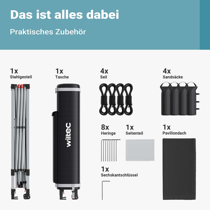 Gazebo pieghevole pop-up grigio, 3 x 3 m con parete laterale e ruote