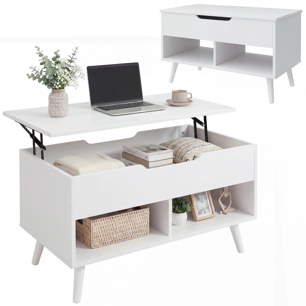 Tavolino da Caff¨¨ con Piano Sollevabile e Spazio Nascosto, 75 cm Bianco Punzonato