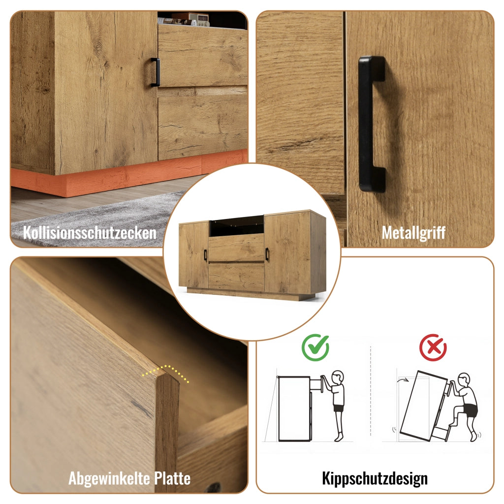 OKWISH Credenza con 2 Ante, 2 Cassetti e 1 Vano Aperto, Ripiani Regolabili, per Soggiorno, 140×40×70 cm