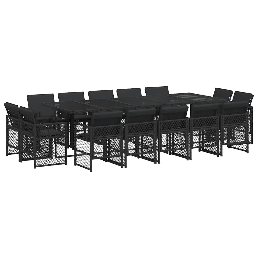 Set da Pranzo da Giardino 15 pz con Cuscini Nero in Polyrattan