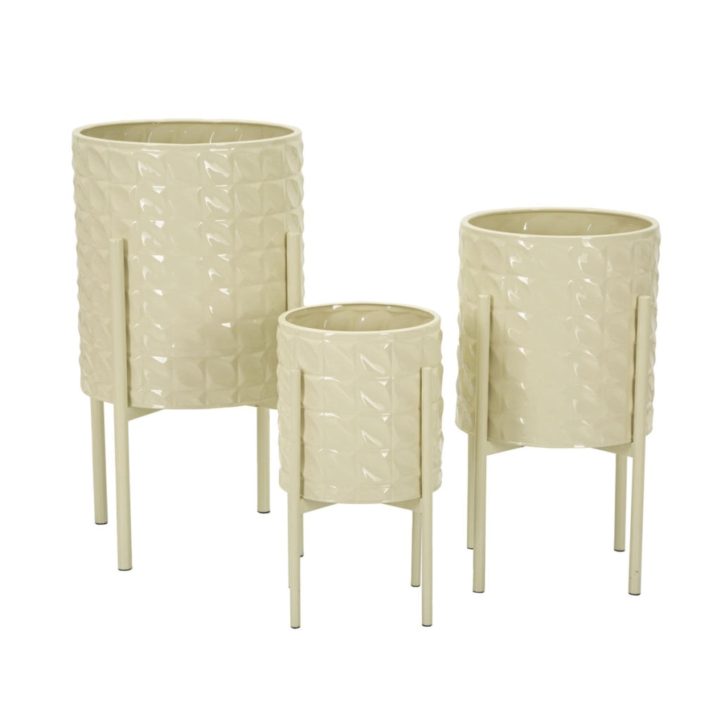 Set di 3 Vasi per Piante VKH427, Beige, Metallo, 36x36x56,5 cm