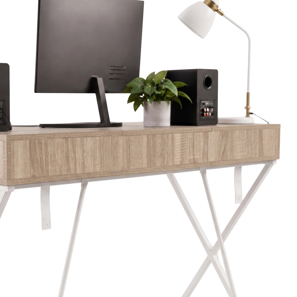 Scrivania PC industriale Rovere Sonoma CROSSLINE 120 cm 2 cassetti 1 ripiano gambe bianche
