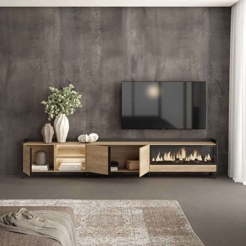 Mobile TV Soggiorno, 315x61x35 cm, Per TV fino a 80", Camino elettrico XXL, Design industriale, LED, Rovere e nero