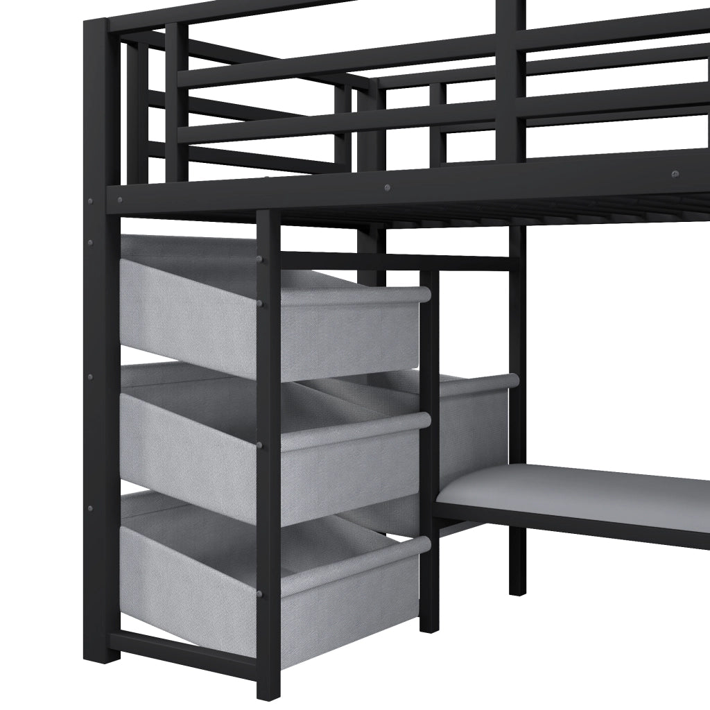Letto a Soppalco 90x200 cm, con LED, Tasche, Appendiabiti e Cuscino - Metallo - Nero