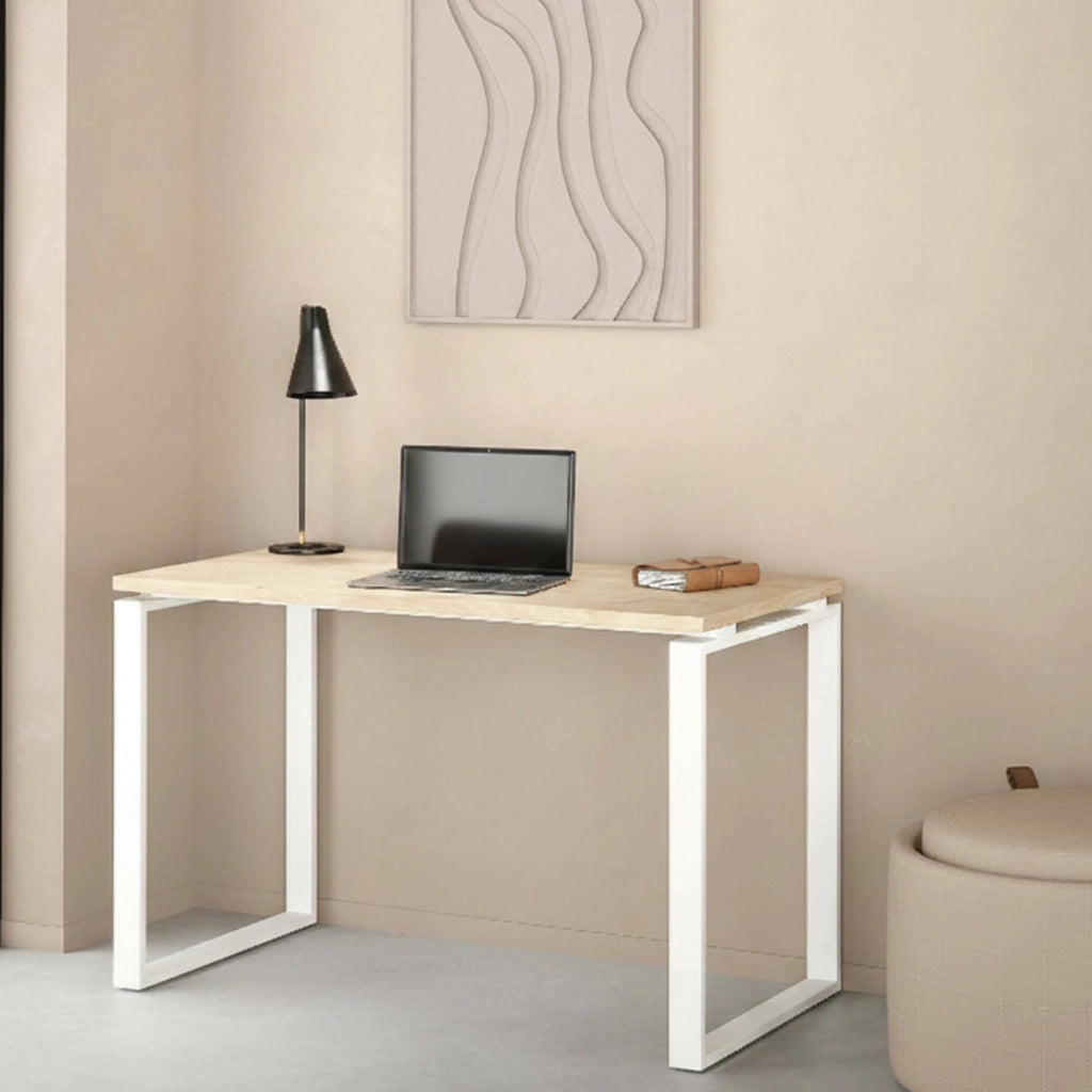 Scrivania Pierrot, Scrittoio multiuso, Tavolo per ufficio porta PC, Piano di lavoro, 120x60 h76 cm, Rovere e Bianco