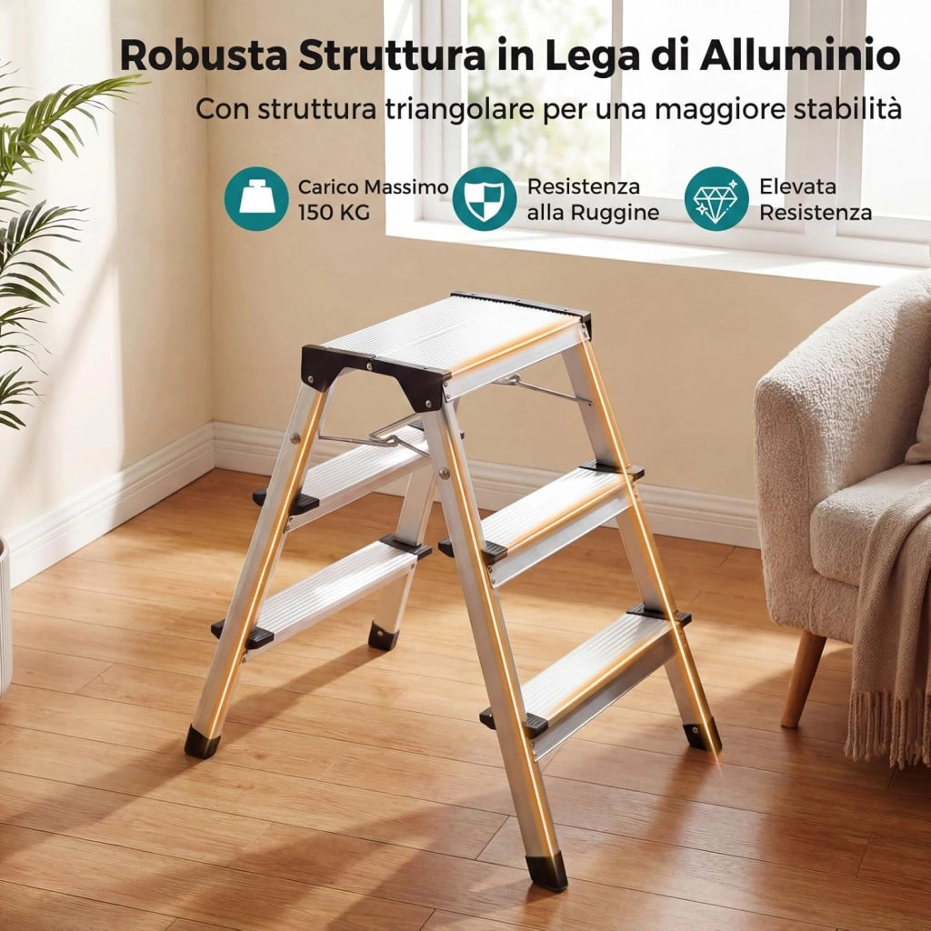 Scaletta Pieghevole in Alluminio, Scala a 3 Gradini Doppia con Pedane Larghe e Piedini Antiscivolo, Struttura Leggera, Portata 150 kg, per Casa, Ufficio e Garage