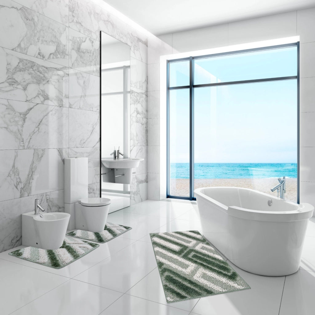 Tappeto Bagno Moderno Parure Set 3 Pezzi Soffice Shaggy Assorbente Antiscivolo Lavabile Verde