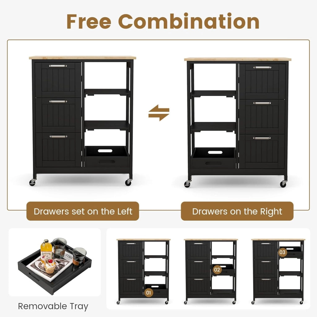Carrello di Servizio con 4 Ripiani, Scaffale da Cucina con Rotelle, Mobiletto Cucina Salvaspazio con 3 Grandi Cassetti, 67x37x83,5 cm, 2 Colori (nero)