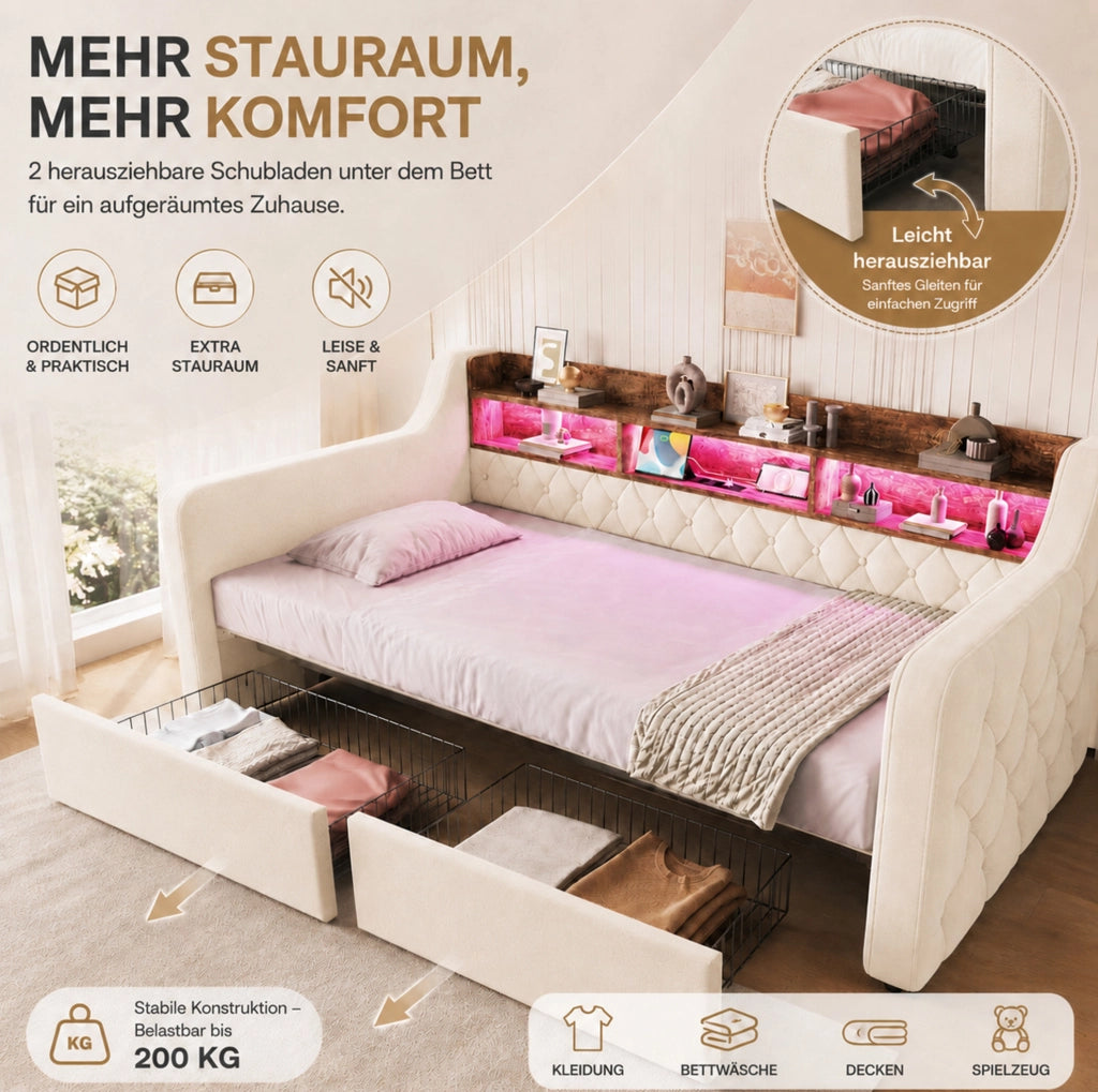 Letto imbottito beige 90x190 cm con LED, ricarica e cassetti