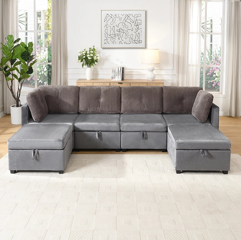 Divano modulare a U 6 posti con contenitore grigio antico