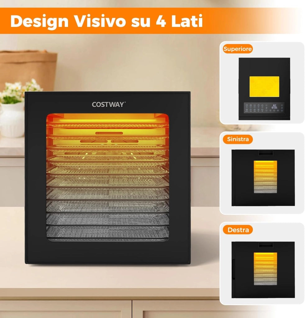 850W Essiccatore Alimentare, Disidratatore per Cibo in Acciaio Inox con 10 Vassoi, 10 Programmi, Timer e Temperatura da 30-75℃, Accessori Inclusi, per Frutta, Verdura e Carne