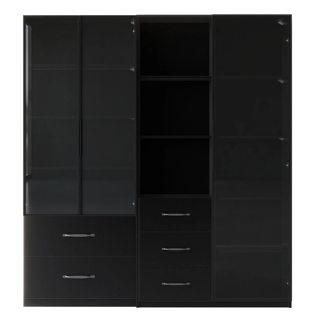 Vetrina LED modulare 140 x 40 x 160 cm con ante in vetro, ripiani aperti e cassetti, colore nero
