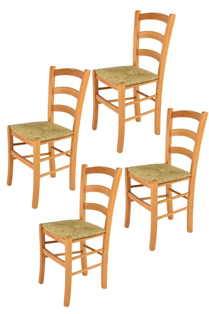 Set 4 Sedie Venice Tommychairs, robusta struttura in legno di faggio verniciata in miele e seduta in paglia