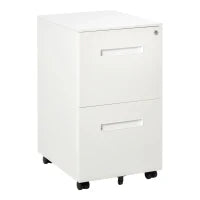 Cassettiera Ufficio con Ruote, Schedario Portadocumenti a 2 Cassetti con Serratura e 2 Chiavi in Acciaio, 39x48x67cm, Bianco