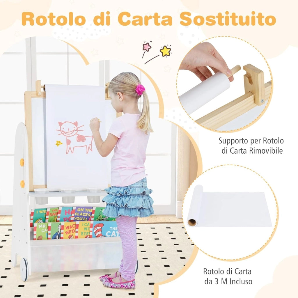 Cavalletto Lavagna per Bambini con Sgabello e Tavolo 4 in 1, Lavagna Magnetica Regolabile in Altezza con Rotolo di Carta e 4 Tazze di Vernice, Cavalletto a Ruote con Gessi e Cancellino
