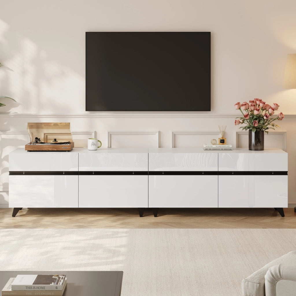 Mobile porta TV con 4 ante e ripiani regolabili finitura lucida per soggiorno in MDF bianco 180 × 40 × 49 cm