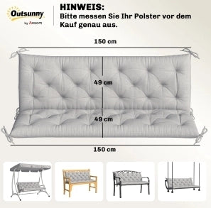 Cuscino per panca grigio chiaro 150 x 98 x 8 cm con lacci