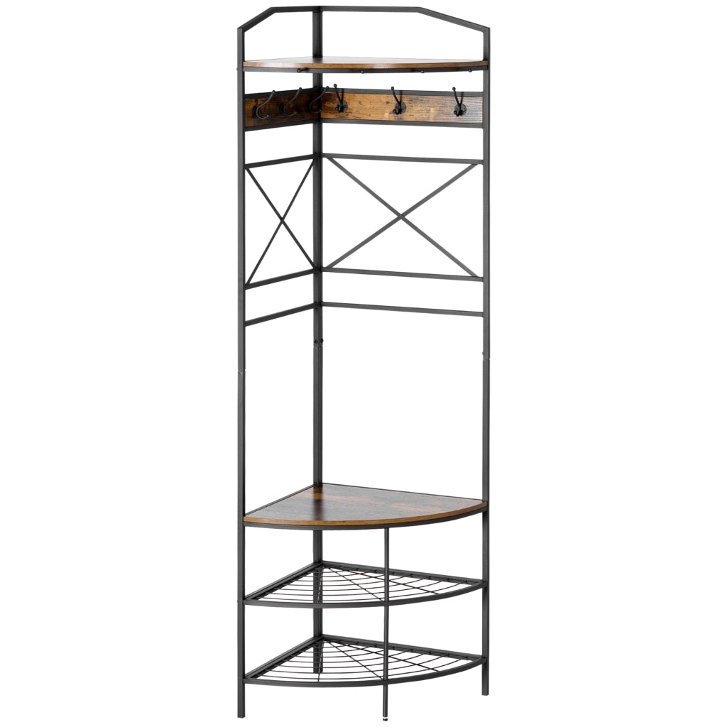Appendiabiti da Terra Angolare con Panca e Scarpiera in Stile Industriale, 50x50x183cm, Marrone