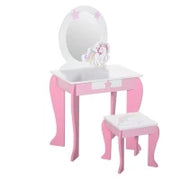 Specchiera Giocattolo Toeletta con Cassetto e Sgabello in Legno, Giochi per Bambine 3-6 Anni Rosa e Bianco