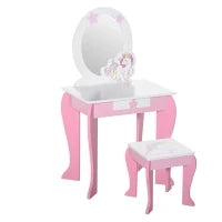 Specchiera Giocattolo Toeletta con Cassetto e Sgabello in Legno, Giochi per Bambine 3-6 Anni Rosa e Bianco