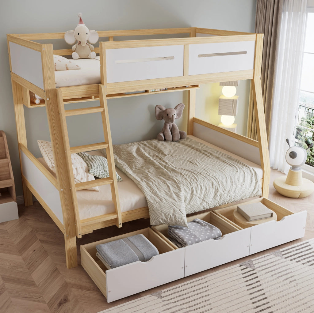 Letto a castello bambini 90x200 cm e 120x200 cm con cassetti e libreria in legno; MDF e compensato bianco e naturale