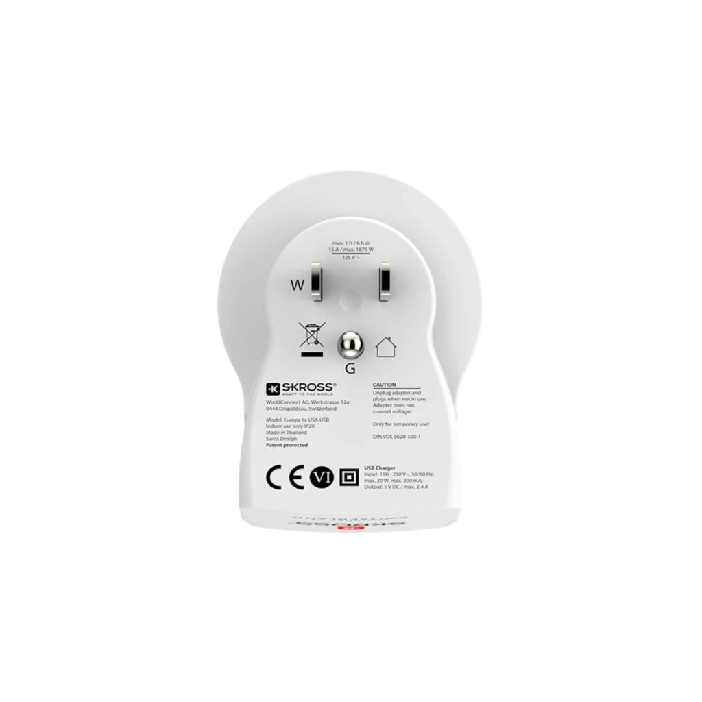 Adattatore da viaggio Europa - USA con 2 USB 15A Bianco Skross