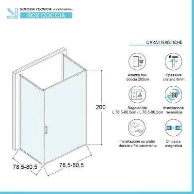 Box doccia 80x80x80 cm con porta a battente serigrafata H 200 cm Ted
