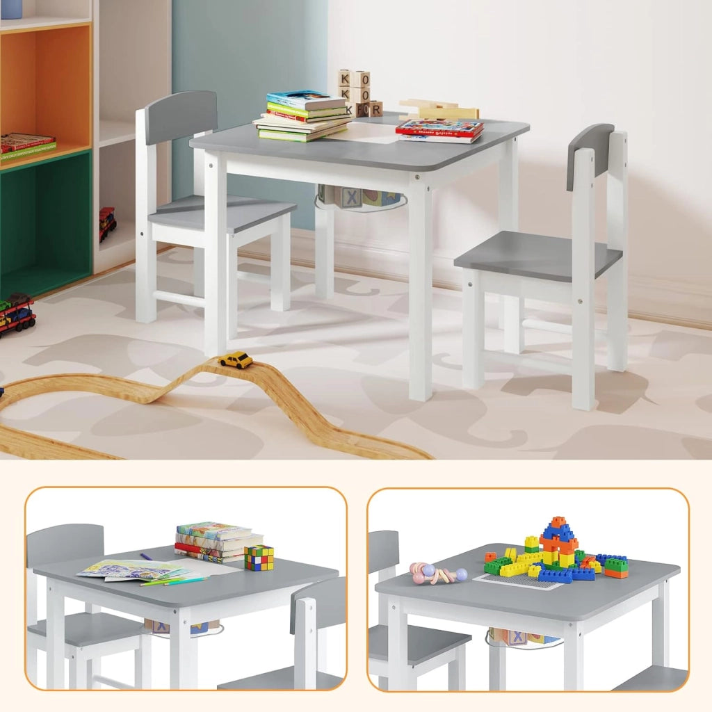 WOLTU Tavolo e Sedie per Bambini, Tavolino per Bambini con 2 Sedie, Scrivania per Bambini, con Base per Blocchi Reversibile e Tasca a Rete, per Cameretta, in MDF, Bianco e Grigio