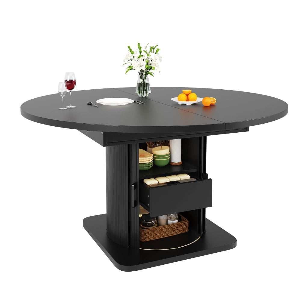 Tavolo da pranzo estensibile a 4 modalità con spazio contenitivo; per cucina e soggiorno; in MDF nero; 118 × 118 × 76 cm