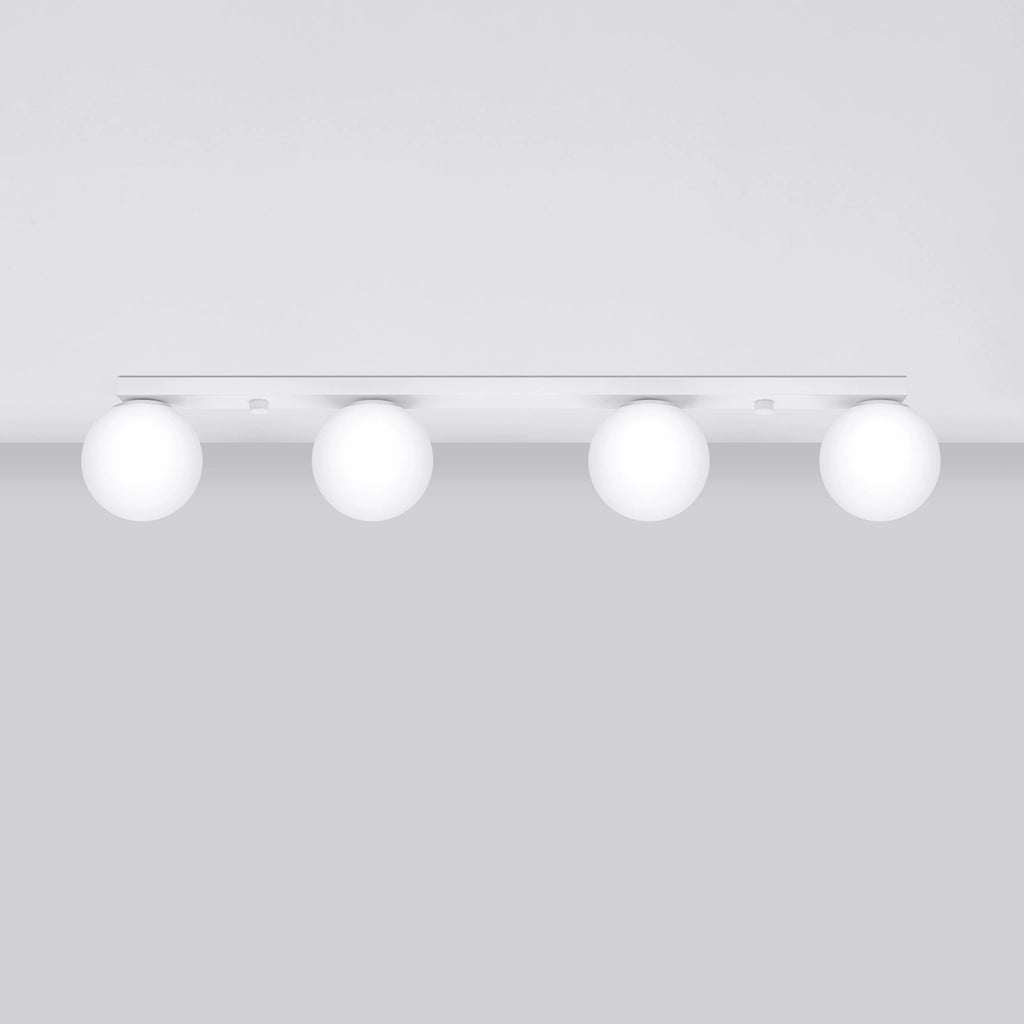 Lampada da soffitto YOLI a 4 luci in acciaio bianco e vetro, design moderno a sfera