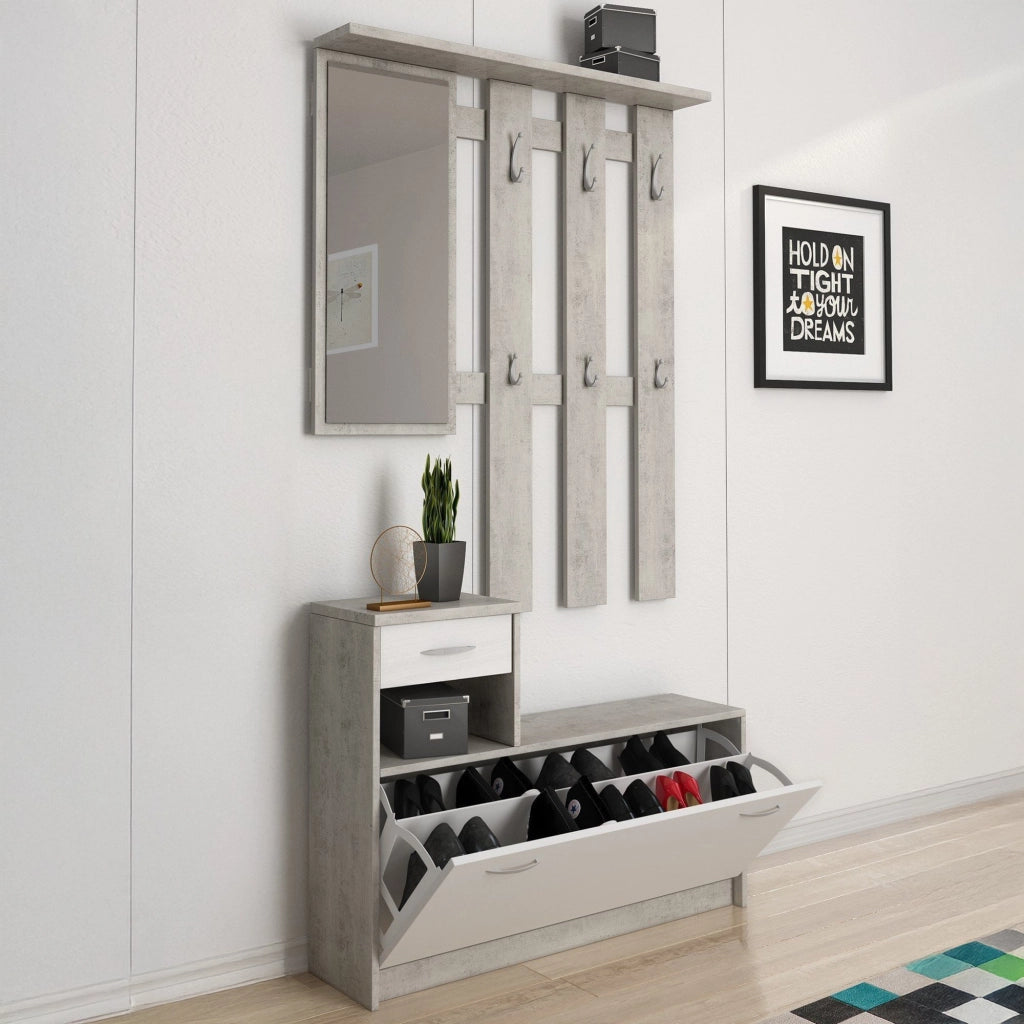 Mobile da ingresso Dazio, Entratina moderna con specchiera, Mobile con scarpiera, Mobile svuotatasche, Cm 100x25h180, Bianco e Cemento